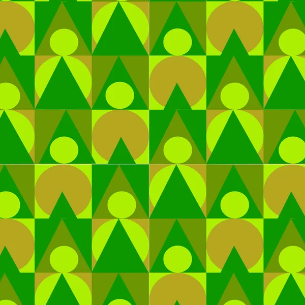 Bezešvé Vektorové Grafické Obrazce Zelenými Čtverci Trojúhelníky Kruhy Tapety Papír — Stockový vektor