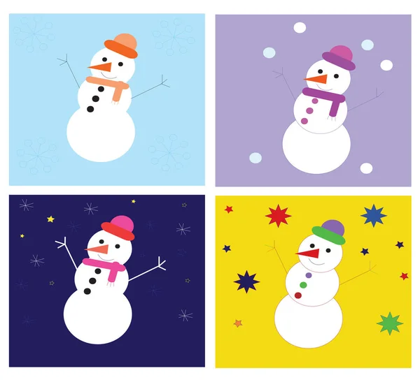 Imagen Vectorial Cuatro Muñecos Nieve Multicolores Aislados Estilo Dibujos Animados — Vector de stock