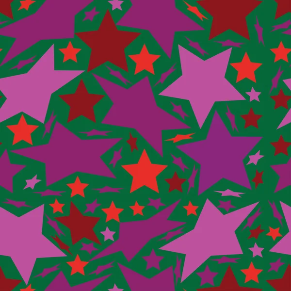 Patrón Vectorial Sin Costuras Con Estrellas Púrpuras Sobre Fondo Verde — Vector de stock
