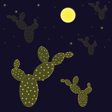    Gece yıldızlı gökyüzünün arka planında kaktüsü olan vektör resmi.