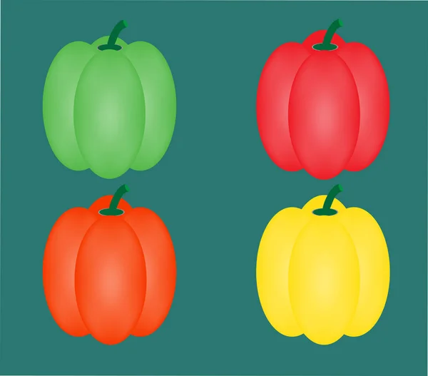 Vier Mehrfarbige Isolierte Paprika Auf Grünem Hintergrund Paprika Symbol Vegetarische — Stockvektor