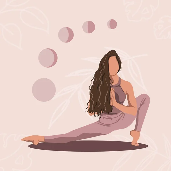 Girl Long Hair Does Yoga Stretching Phases Moon — Stock Vector