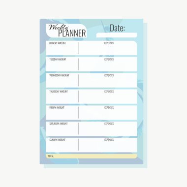 Bir haftalık bütçe planlayıcısı A4 özeti