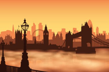 Londra 'nın siluetleri nehrin üzerindeki siste