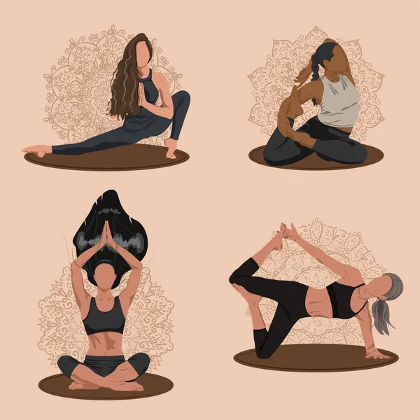 Mujeres de diferentes nacionalidades hacen yoga sobre esterillas con un mandala en el fondo — Vector de stock