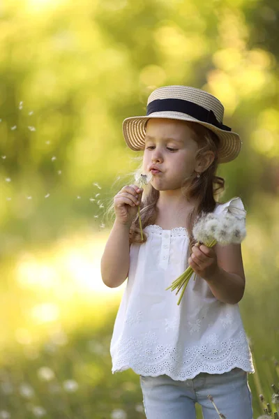 Летний портрет маленькой красивой кудряшки в соломенной шляпе, дующей в одуванчики. Концепция без аллергии — стоковое фото