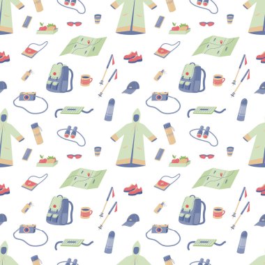 Seamless pattern with clothes and accessories for hiking, trekking.