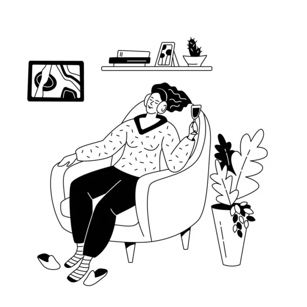 Dreaming Woman Glass Wine Sits Armchair Listens Music Headphones Vector — Stock Vector