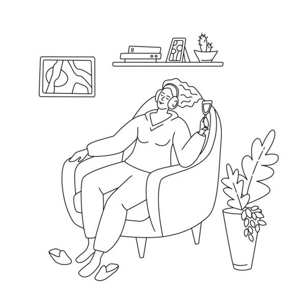 Dreaming Woman Glass Wine Sits Armchair Listens Music Headphones Vector — Stock Vector