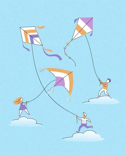 雲の上を凧揚げする子供たち. — ストックベクタ