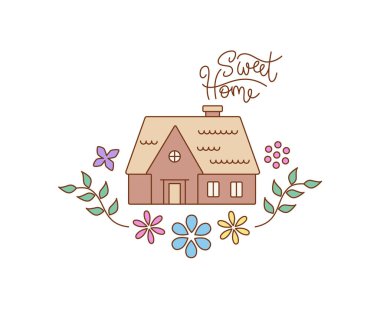 Sweet Home harfleriyle ana hatlarıyla süslenmiş çiçekli süslemelerle süslenmiş kır evi. Vektör rengi izole edildi.