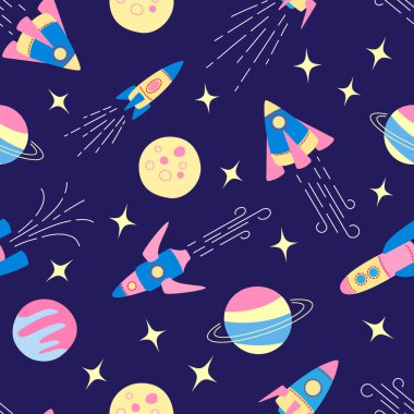 Roketleri, gezegenleri ve koyu mavi arka planda yıldızları olan kusursuz bir model. Düz biçimli renk vektör illüstrasyonu.