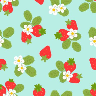 Kırmızı çilekli, yeşil yapraklı, beyaz çiçekli kusursuz desen. Mavi arkaplanda düz biçimli vektör renk illüstrasyonu.