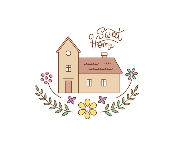 Загородный Дом Украшен Цветочными Украшениями Стиле Набросков Надписью Sweet Home — стоковый вектор