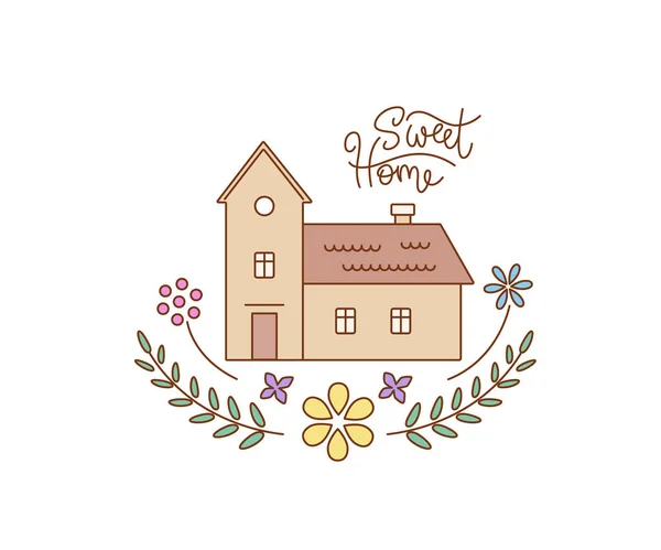 Sweet Home harfleriyle ana hatlarıyla süslenmiş çiçekli süslemelerle süslenmiş kır evi. Vektör rengi izole edildi.