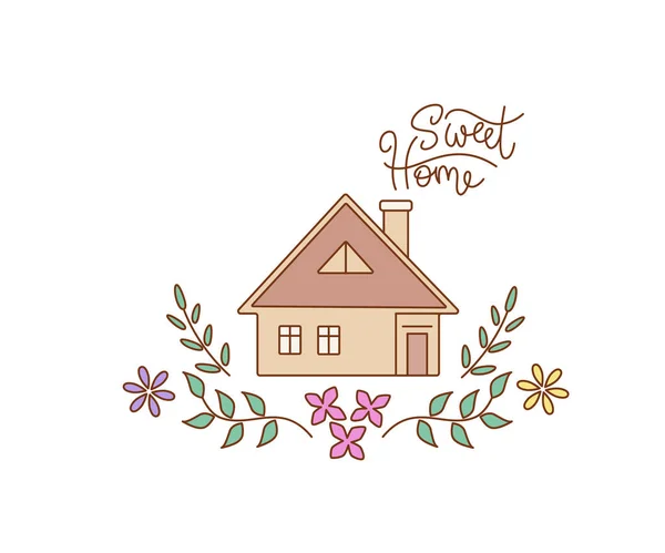 Sweet Home harfleriyle ana hatlarıyla süslenmiş çiçekli süslemelerle süslenmiş kır evi. Vektör rengi izole edildi.