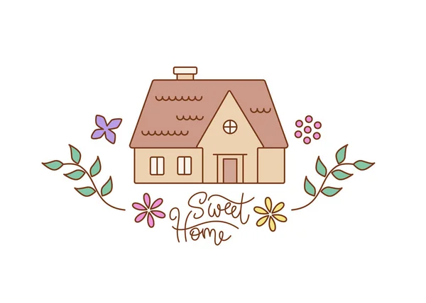 Venkovský Dům Zdobený Květinovými Ornamenty Obrysovém Stylu Nápisem Sweet Home — Stockový vektor
