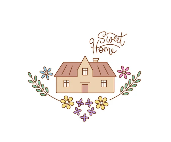 Sweet Home harfleriyle ana hatlarıyla süslenmiş çiçekli süslemelerle süslenmiş kır evi. Vektör rengi izole edildi.