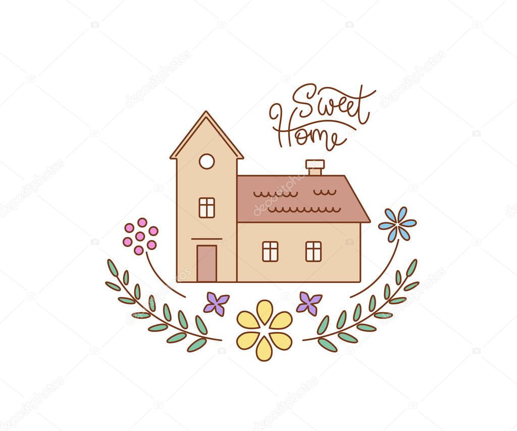 Country house decorated with floral ornaments in outline style with lettering Sweet Home. Vector color isolated illustration.
