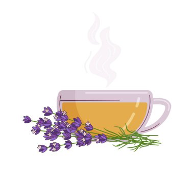 Bir fincan lavanta çayı. Taslak biçimdeki vektör izole edilmiş renkli illüstrasyon.