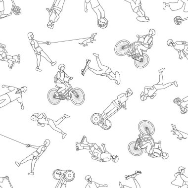 Beyaz arka planda açık hava aktivitelerinin kusursuz vektör deseni. Koşan, yürüyen köpek, paten, kaykay, bisiklete binen, elektrikli scooter, tek tekerlekli bisiklet, uçan kaykay.