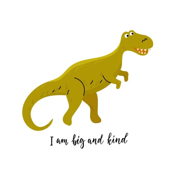 Komik dinozor Tyrannosaurus çizgi film tarzında harflerle. Satır elemanları ile düz biçimli vektör renk illüstrasyonu