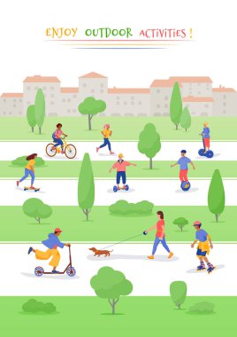 Açık hava sporu yapan insanların dikey posteri: koşmak, köpek gezdirmek, paten kaymak, kaykay, bisiklet, elektrikli scooter, tek tekerlekli bisiklet, yeşil parktaki uçan kaykay.