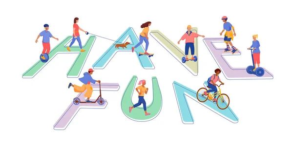 Açık havada spor koşusu, köpek gezdirme, paten kayma, kaykay, bisiklete binme, elektrikli scooter, tek tekerlekli bisiklet ve uçan kaykay yapan insanlarla eğlenceli yazı dizaynı yapın. Vektör izole illüstrasyonu