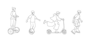 İnsanlar çevre dostu spor aktiviteleri için paten, elektrikli scooter, tek tekerlekli bisiklet, segway 'e gidiyor. Çizgi film karakter simgesini satır sanatı biçiminde izole et.
