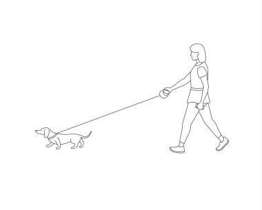 Genç bir kadın dışarıda, tasmalı bir köpekle dolaşıyor. Çizgi sanatı tarzında karakterden izole edilmiş vektör çizimi.