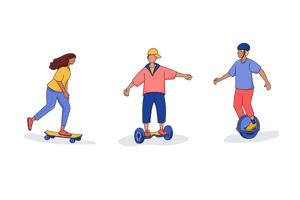 Люди Занимаются Спортом Свежем Воздухе Катаются Скейтборде Моноцикле Ховерборде Набор — стоковый вектор