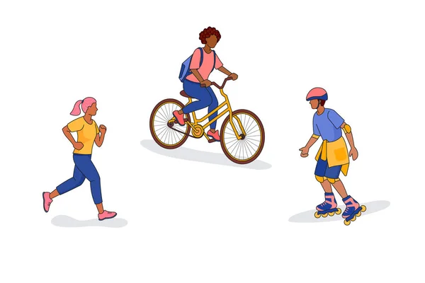 Люди Занимаются Спортом Свежем Воздухе Бегают Катаются Роликах Велосипедах Набор — стоковый вектор