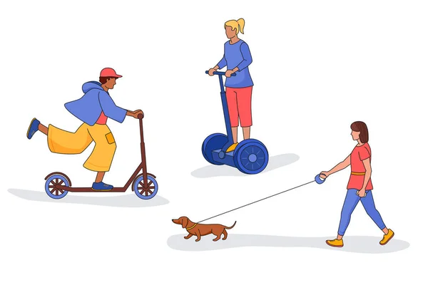 Die Menschen Gehen Für Outdoor Umweltfreundliche Sportaktivität Fuß Hund Elektroroller — Stockvektor