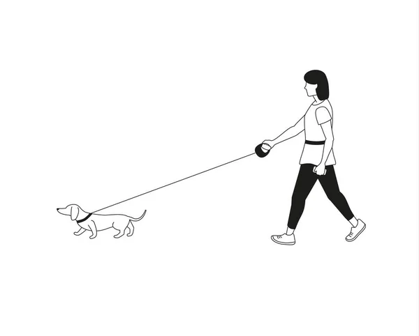 Young Woman Walks Outdoor Leading Dachshund Dog Leash Vector Isolated — Stock Vector