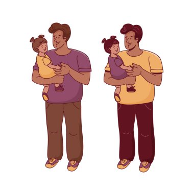 Babası ve küçük kızı birbirlerine bakıyorlar. Beyaz arkaplanda çizgi film tarzında karakterler olan ana hatlı renk illüstrasyonuName.