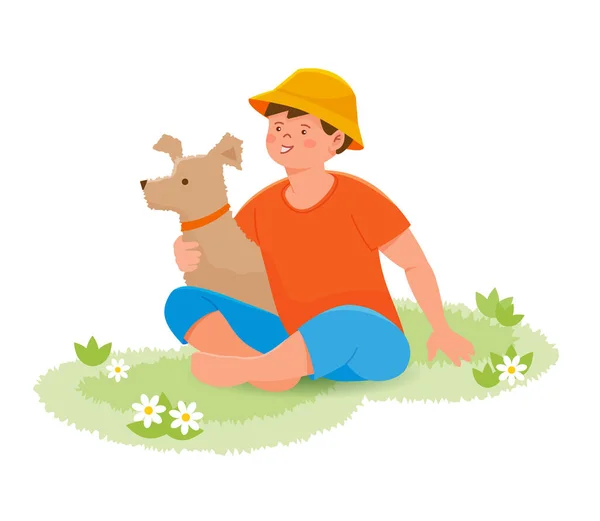 Улыбающийся Мультяшный Мальчик Сидит Зеленой Траве Обнимает Собаку Векторная Изолированная — стоковый вектор