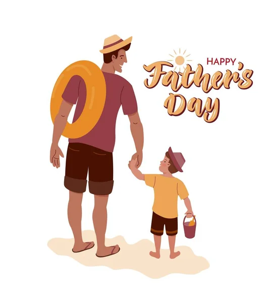 Father Holds His Little Son Hand Beach Vector Color Flat — Stock Vector