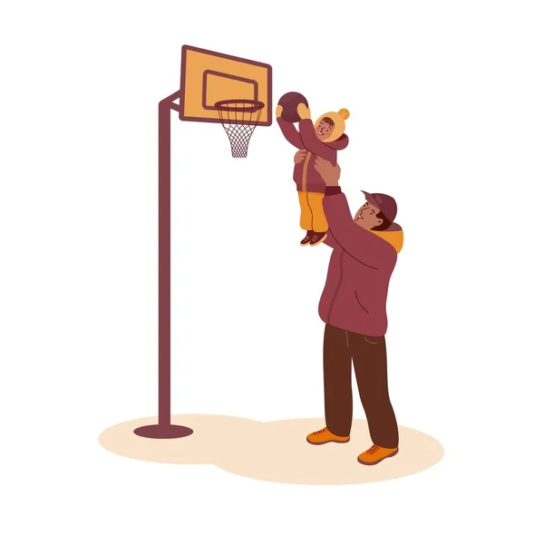 Baba, küçük kızının basketbol potasına top atmasına yardım ediyor. Beyaz arkaplanda çizgi film tarzında karakterlerle vektör rengi düz illüstrasyonuName.