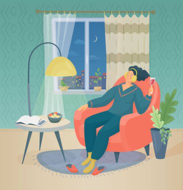 Akşamları elinde bir bardak kırmızı şarapla oturan kadın oturma odasının yanındaki koltukta oturur ve kulaklıkla müzik dinler. Dokusu olan vektör renkli illüstrasyon.
