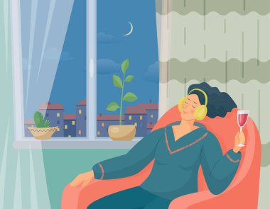 Akşamları elinde bir bardak şarapla oturan kadın, pencerenin yanındaki sandalyede otururken kulaklıkla müzik dinliyor. Dokusu olan vektör renkli illüstrasyon.