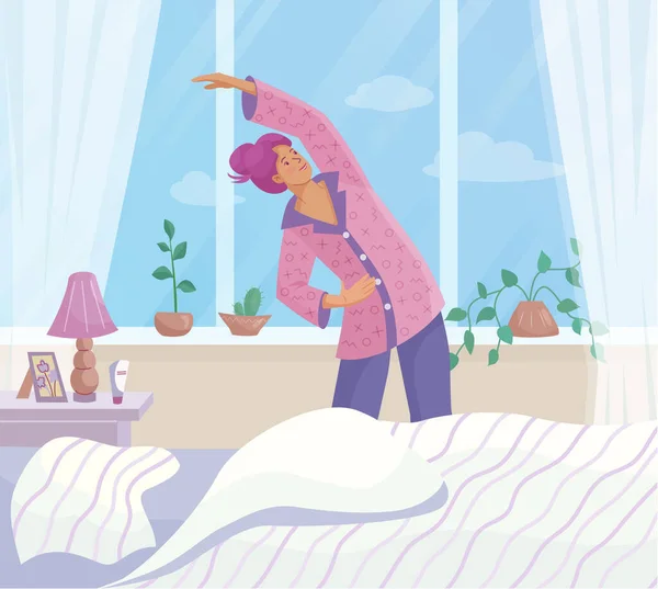 Женщина Делает Утренние Упражнения Спальне Векторная Красочная Иллюстрация Текстурой — стоковый вектор