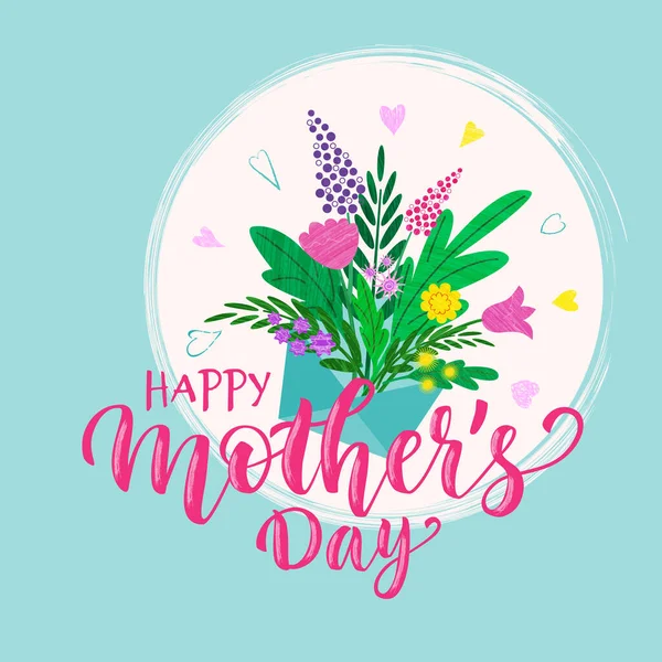 Card Design Spring Flowers Envelope Lettering Happy Mother Day Vector — Stock Vector