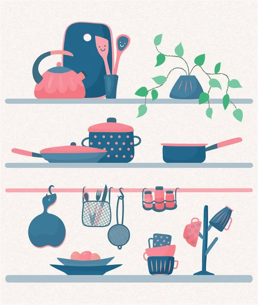Mutfak Gereçleri Olan Raflar Desenli Arkaplana Sahip Vektör Renkli Illüstrasyon — Stok Vektör
