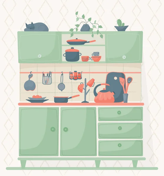 Meubles Cuisine Avec Ensemble Plats Pots Fleurs Chat Illustration Vectorielle — Image vectorielle