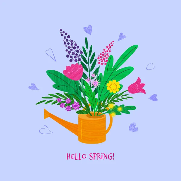 Kartendesign Mit Farbigen Frühlingsblumen Der Gießkanne Auf Dem Lavendelhintergrund Vektorflache — Stockvektor