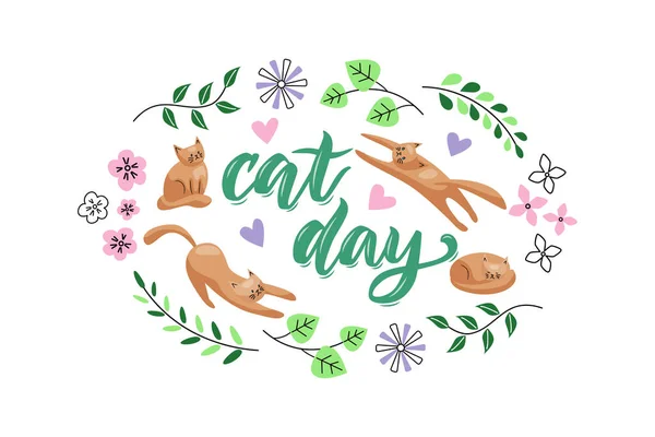 Кошачий День Кошками Цветами Сердцами Векторная Красочная Иллюстрация Плоском Стиле — стоковый вектор