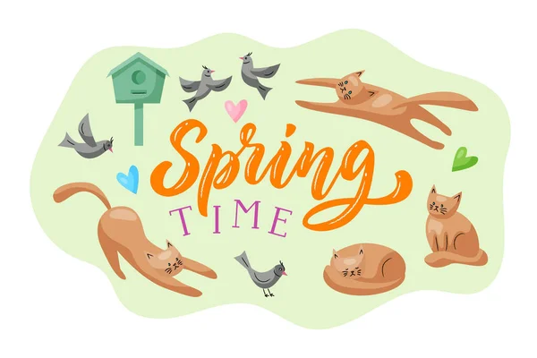 Diseño Letras Primavera Con Gatos Pájaros Pajareras Corazones Ilustración Colorida — Archivo Imágenes Vectoriales