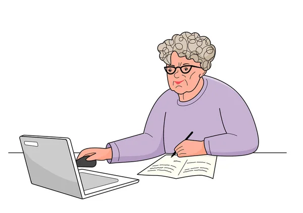 Starší Žena Sedí Stolu Notebookem Píše Sešitu Vektorová Barevná Ilustrace — Stockový vektor