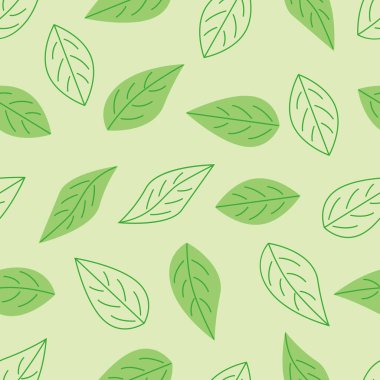 Açık yeşil arka planda kusursuz tek renkli çiçek desenli yapraklar. Düz biçimli vektör illüstrasyonu.