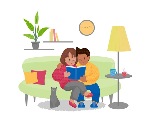 Girl Boy Read Book Seating Sofa Home Cartoon Colorful Vector — Stock Vector